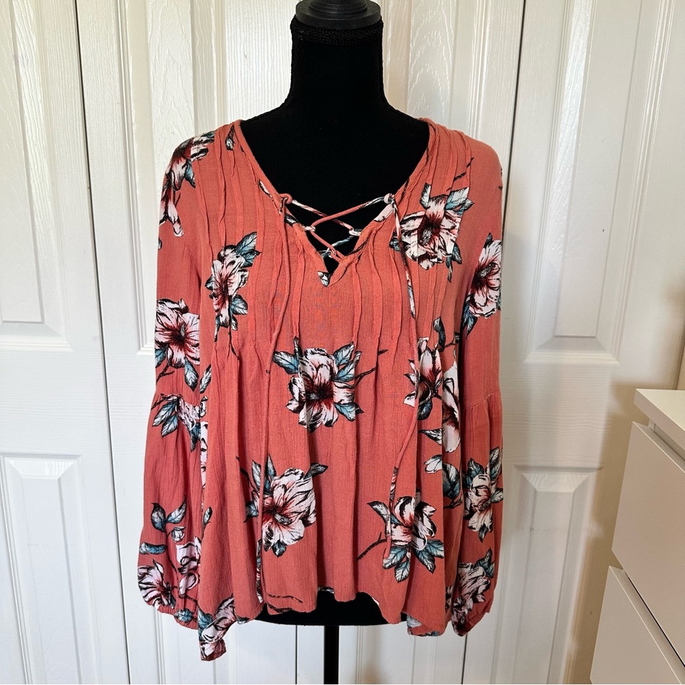 Billabong Floral Boho Top Coral Long Sleeve Lace-up V-Neck Size Small